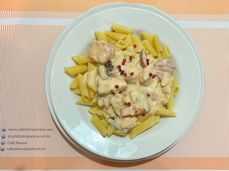 PENNE AO MOLHO BRANCO  E PEDAÇOS DE SALMÃO.